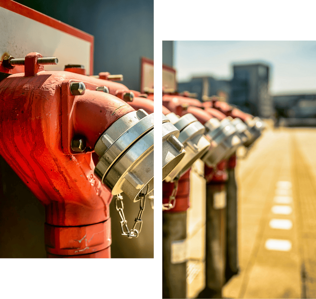Close-up of red outdoor fire hydrants lined up in a row, with a shallow depth of field highlighting the metal fittings and blurred background of a sunny urban environment.